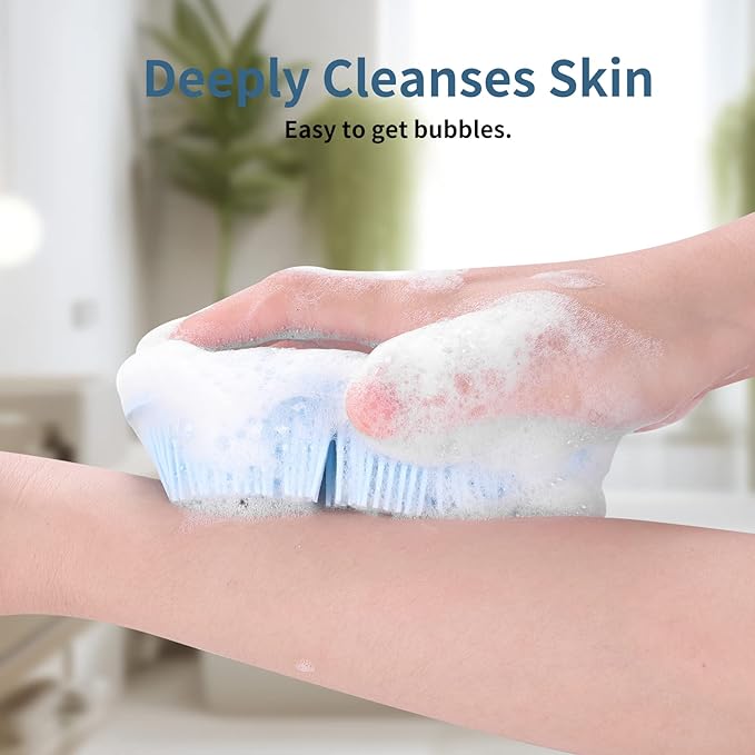 2-in-1 Silicone Body Brush with Detachable Long Handle, Double-Sided Back Scrubber for Bath with Hook, Rich Foam for Deep Cleansing and Exfoliating(Blue/Round)