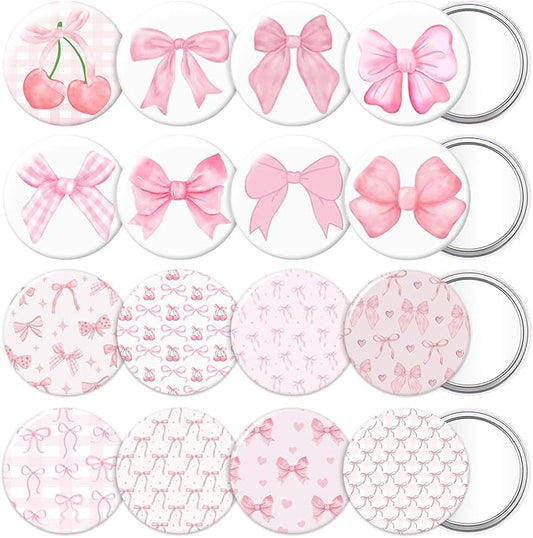 16 Pcs Pink Bow Coquette Aesthetic Compact Mirror Bulk, Coquette Bow Party Favors Pink Bow Portable Travel Makeup Pocket Purse Mini Mirror Gifts for Girls Women Bridal Shower Bachelorette Party