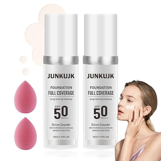 2PCS Color Changing Foundation with SPF 50 +++,Moisturizing Liquid Foundation Makeup Kit with 2 Makeup Sponges,Oil Control Long Lasting Non-greasy Full Coverage Concealer for All Skin Types