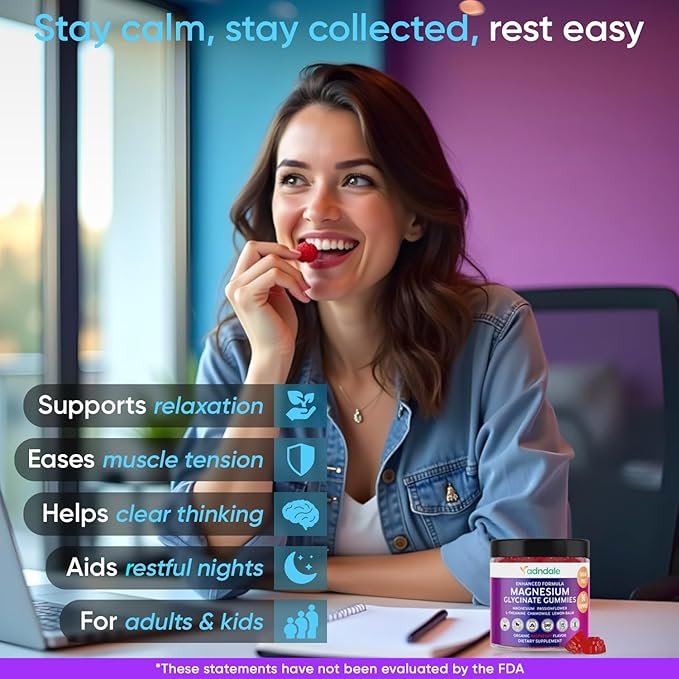 Adndale Magnesium Glycinate Gummies 90CT for Adults and Kids. 150 mg Chelated Mg with L-Theanine, Passionflower, Chamomile & Lemon Balm. Raspberry Flavor. Clear Thinking, Restful Nights, Muscle Ease