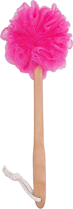 Shower Loofah Body & Back Scrubber - Exfoliating Loofah Bath Brush On a Stick - with Long Wooden Handle Back Brush for Men & Women - Easy Reach Body Wash & Lotion Applicator（Red）