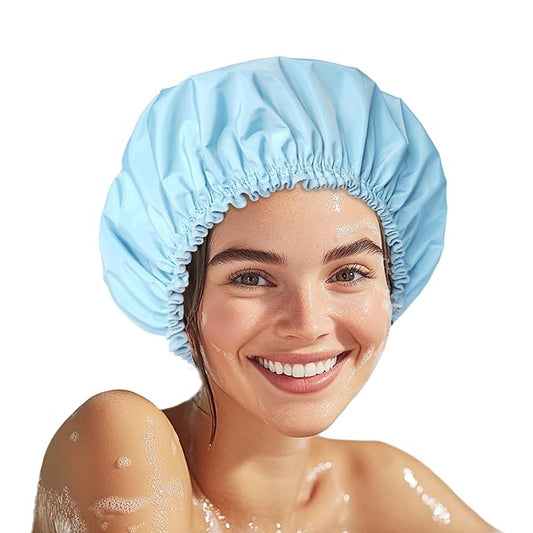 Shower Cap for Women Set of 4, 1 Double-Layer Waterproof Bath Cap + 3 Single-Layer Waterproof Shower Caps – Reusable Hair Protector, TPU Coated Elastic Bathing Cap for Women & Men - Blue