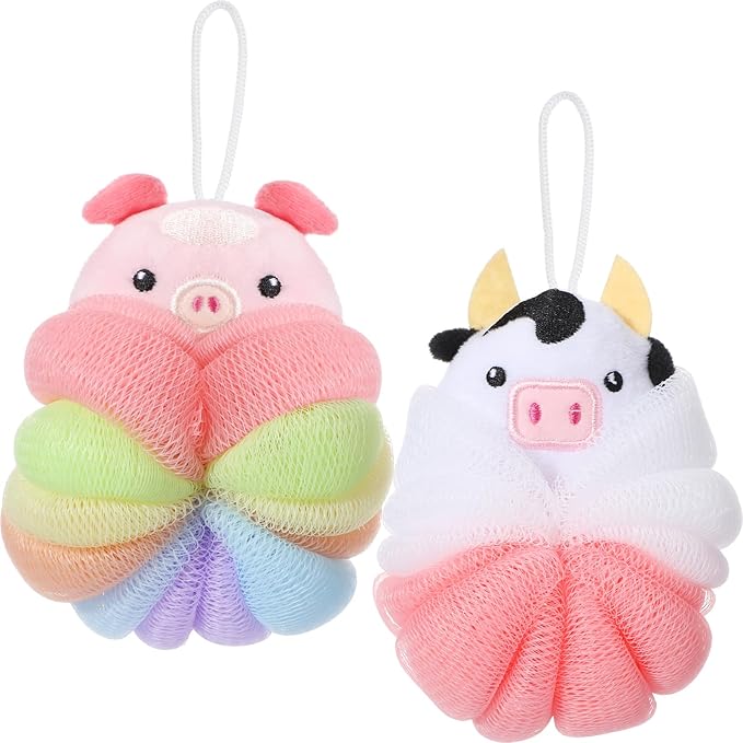 Nuenen 2 Pcs Bath Loofahs Kids Toddler Cute Cartoon Bath Sponges Loofah Pouf Body Scrubber Mesh Sponges for Children Shower Washing Exfoliating(Calf, Pig)