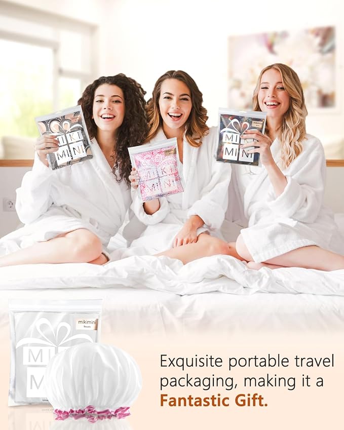 mikimini White Shower Cap Pack of 2 Waterproof Reusable Double Layers Bathing Hair Caps with Soft Comfortable PEVA Lining, Cute, Non-fading & Stretchy Shower Hat Medium White