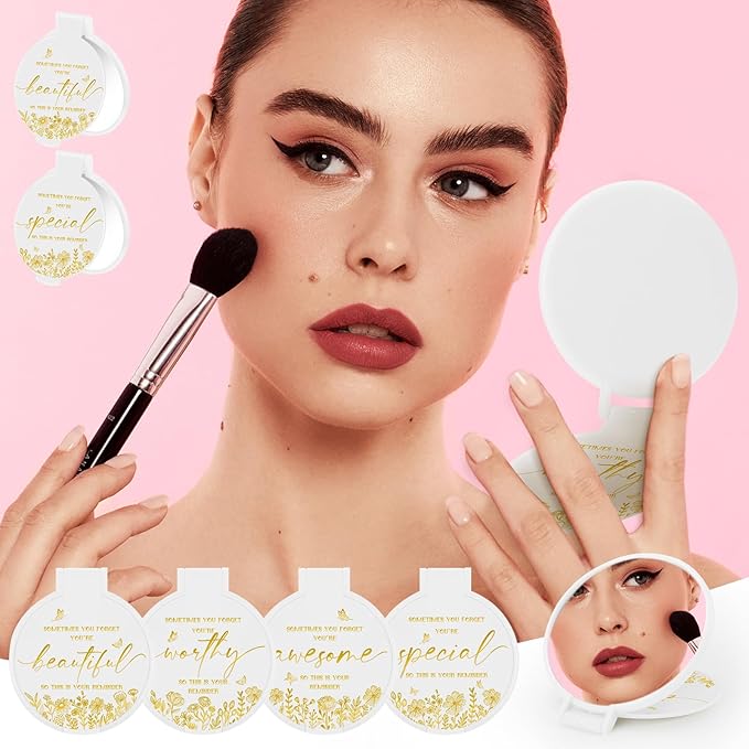 100 Pcs Inspirational Compact Mirror Bulk Small Pocket Mirror Purse Round Portable Folding Makeup Mirror Mini Compact Mirror Gifts for Women Coworker Employee Teacher(White)