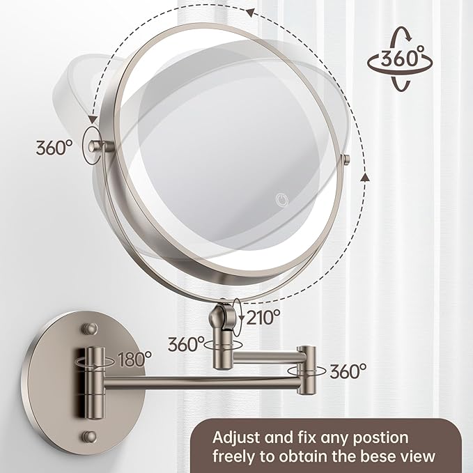 9" Wall Mounted Makeup Mirror with Lights, 4000mAh Rechargeable 1X/10X Wall Mounted Magnifying Mirror for Bathroom, 3 Color Lighting,Touch Screen Dimming,Extended Arm 360 Rotation Wall Mount Mirror N