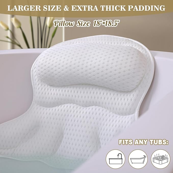 Bath Pillow Luxury Bathtub Pillow, Extra Soft & Comfortable Bath Pillows for Tub Head Neck and Back Support, with 4D Air Mesh Cushions & Non-Slip Suction Cups - Bath Accessories Spa Gifts for Women