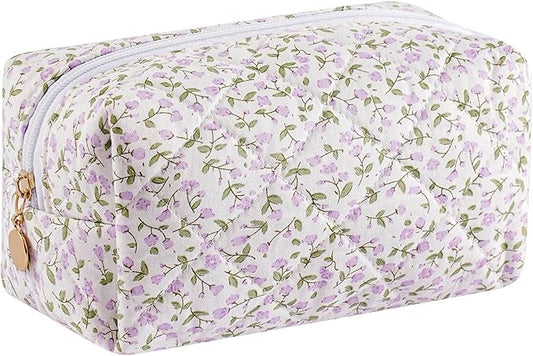 Makeup Bag Travel Cosmetic Bag for Women Girls, Zipper Make Up Pouch, Floral Flowers Toiletry Organizer Makeup, Portable Storage Cosmetic Travel Cloth Bag (Purple Floral)