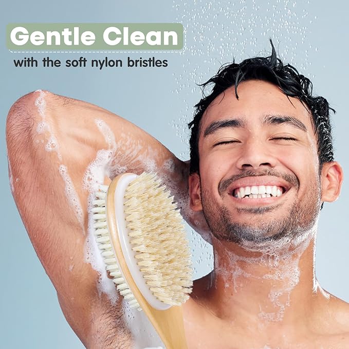 Bearona Body Brush with Exfoliating Mitt Set,Dual-Sided Long Handle with Soft and Stiff Natural Bristles, Shower Scrub for Dead Skin Removal,Body Exfoliator for Bath or Dry Brush