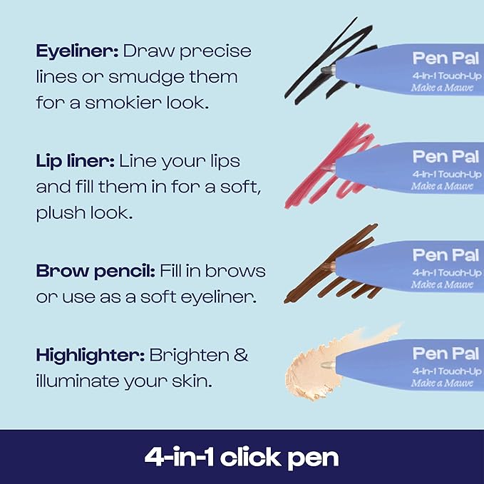 Alleyoop Pen Pal 4-in-1 Makeup Pen – Comes with Eyeliner, Lip Liner, Highlighter Makeup & Eyebrow Pencils for Women – Portable, Touch-Up On the Go – Cruelty-Free, Vegan (Making Mauve (Light - Medium)