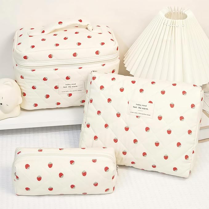 3 Piece Strawberry Quilted Makeup Bag, Large Capacity Travel Cosmetic Bag for Women and Girls, Aesthetic Storage for Daily and Travel Use (3pcs-Strawberry)
