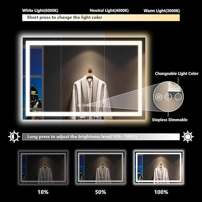 60x36 Inch LED Bathroom Mirror with Lights Front and Backlit Lighted Vanity Mirror for Bathroom Wall with 3 Colors Dimmable Anti-Fog Memory Shatter-Proof IP54 Waterproof Horizontal/Vertical