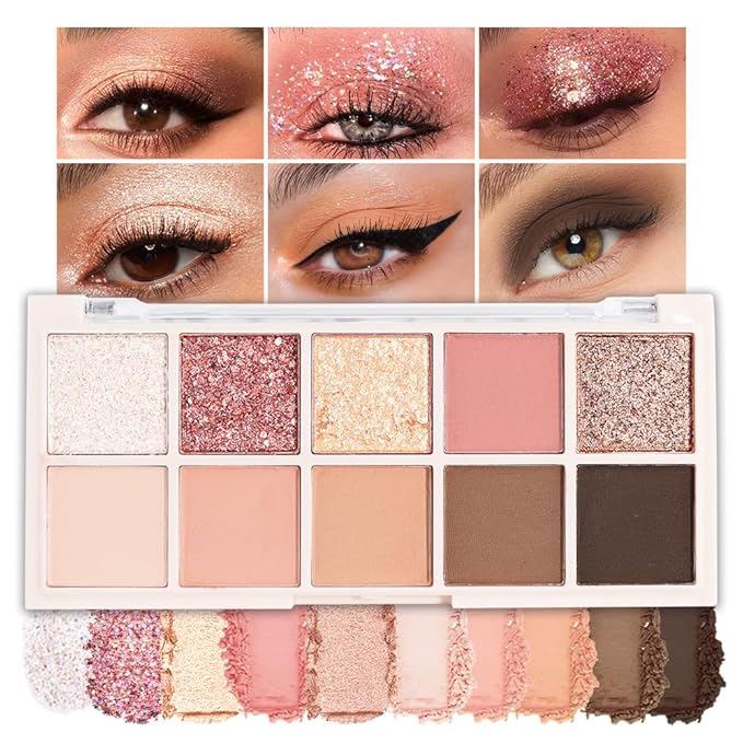 10 Colors Eyeshadow Palette,Matte&Glitter&Shimmer Eyeshadow Makeup,Naturing-Looking,High Pigment Waterproof Eye Shadow Palette Makeup, 100% Cruelty-free (10#Shimmer Nude)