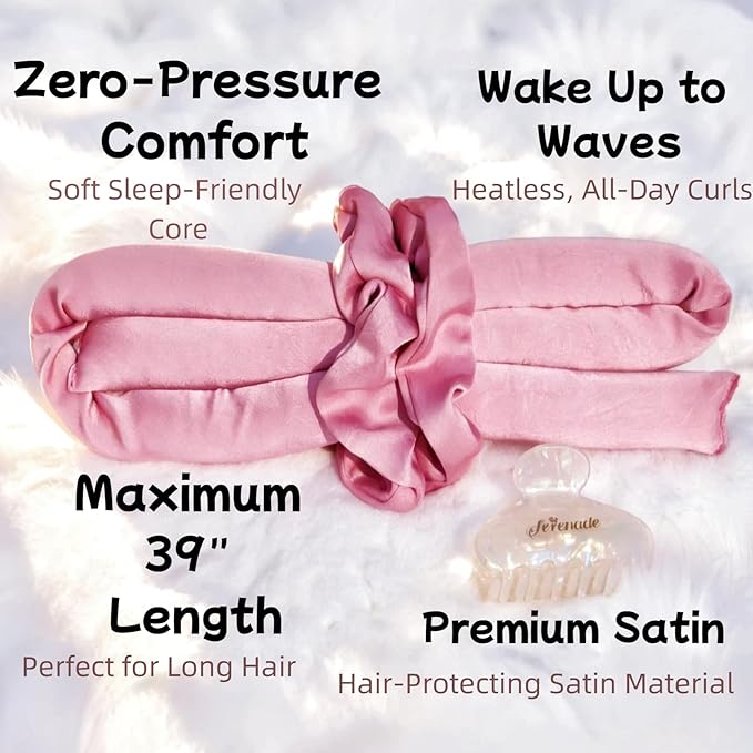 Serenade Textured Satin Heatless Curls Overnight, Heatless Hair Curler Curling Set for Women and Girls to Sleep in, with 2 Satin Scrunchies and 1 Clip for Overnight Curls, Pink