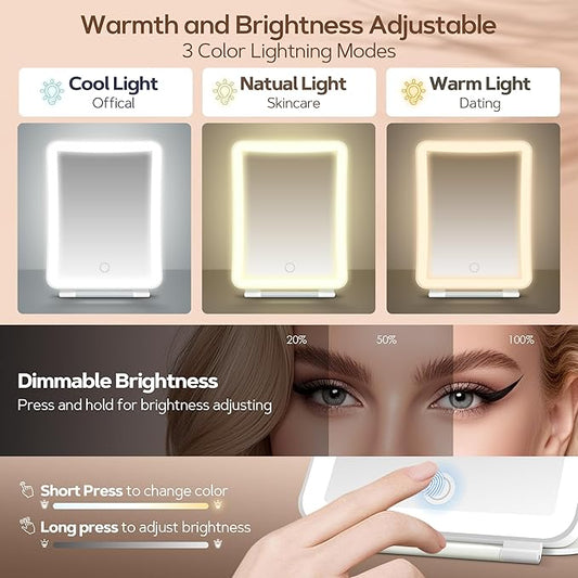 2 in 1 64 LED Travel Magnifying Mirror with Light, Portable 20X/1X Lighted Makeup Mirror with Rechargeable 1000mAh Battery, 3 Colors Dimmable Lighting Folding Cosmetic Vanity Mirror