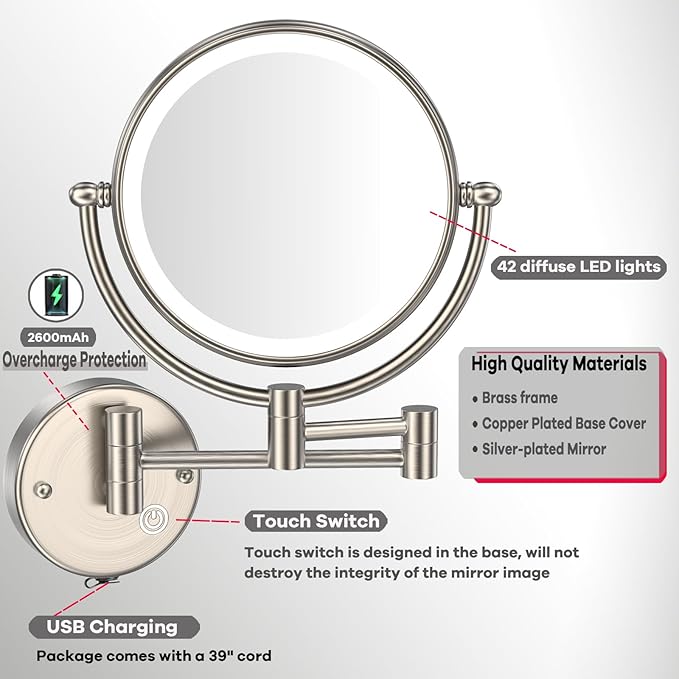 Brass Wall Mounted Lighted Makeup Mirror with Magnification, 5X Wall Magnifying Mirror with Light, Extendable Mirror for Bathroom, Touch Sensor, Brushed Nickel