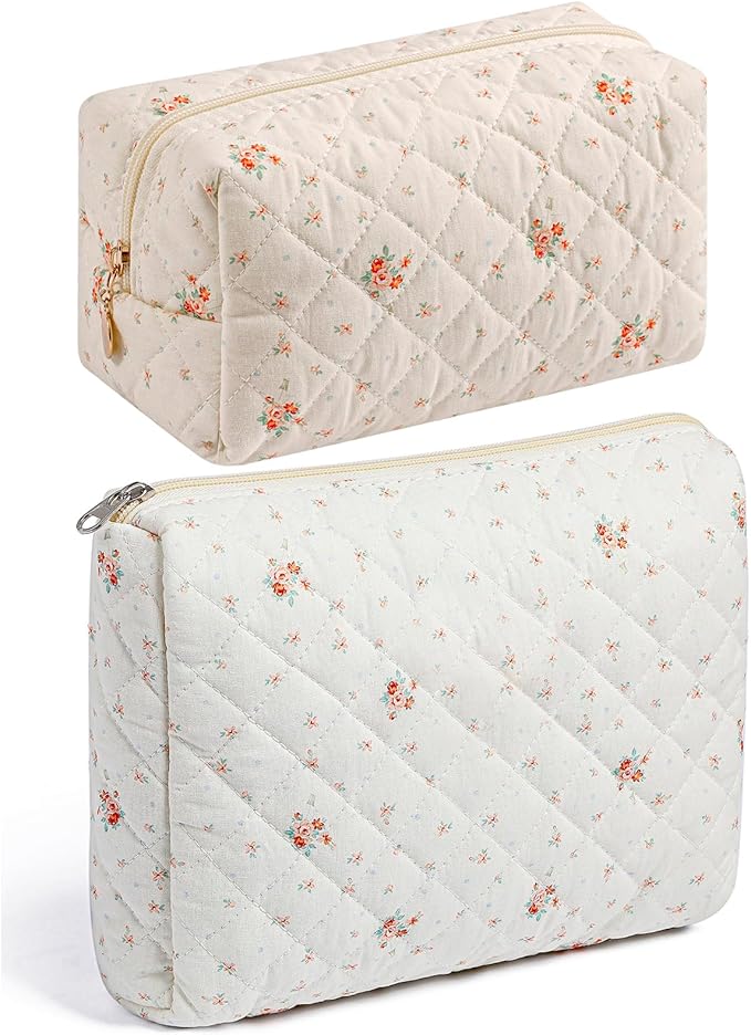 Makeup Bag Travel Cosmetic Bag for Women Girls, Zipper Make Up Pouch, Floral Flowers Toiletry Organizer Makeup, Portable Storage Cosmetic Travel Cloth Bag (2 Pack (L+S)/White Small Flower)