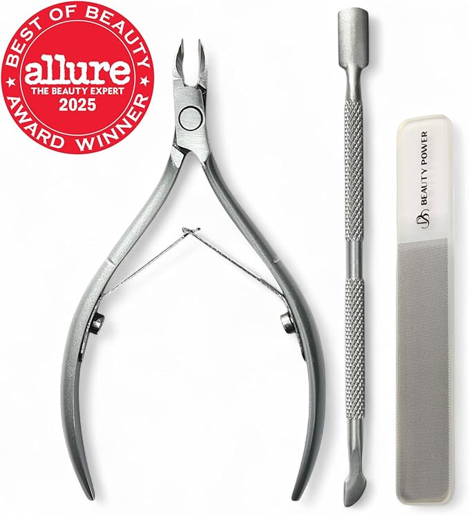 Manicure Pedicure Set 7-in-1 Stainless Steel, Ultra Sharp, Slanted Nail Clipper, Fingernail Clipper, Cuticle Nipper, Glass Nail File, Eyebrow Tweezers, Scissors, Case – Gift (Matte Gray)