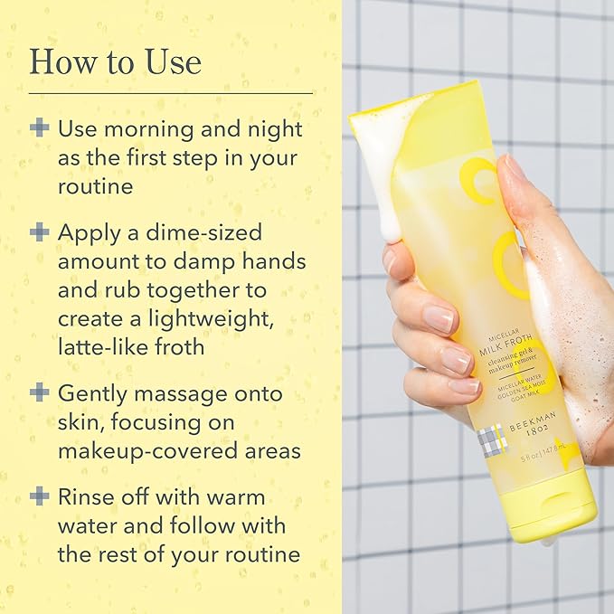 Beekman 1802 Micellar Milk Froth Cleansing Gel - Gently Cleanses & Removes Makeup - Double-Cleanse in 1 - Goat Milk & Golden Sea Moss - Fragrance Free - 5.0 fl. oz - Cruelty Free - Sensitive Skin Safe