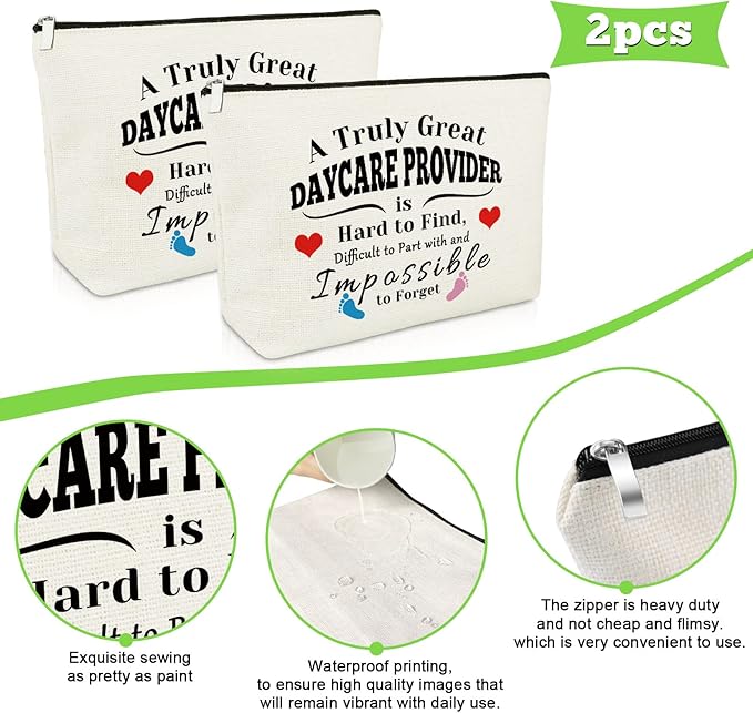 2 Pack Daycare Provider Appreciation Gift Makeup Bag Daycare Teacher Gifts 2 PCS Cosmetic Pouch Thank You Gift for Childcare Provider Gifts for Childhood Educators Gift Christmas Teachers Day Gifts