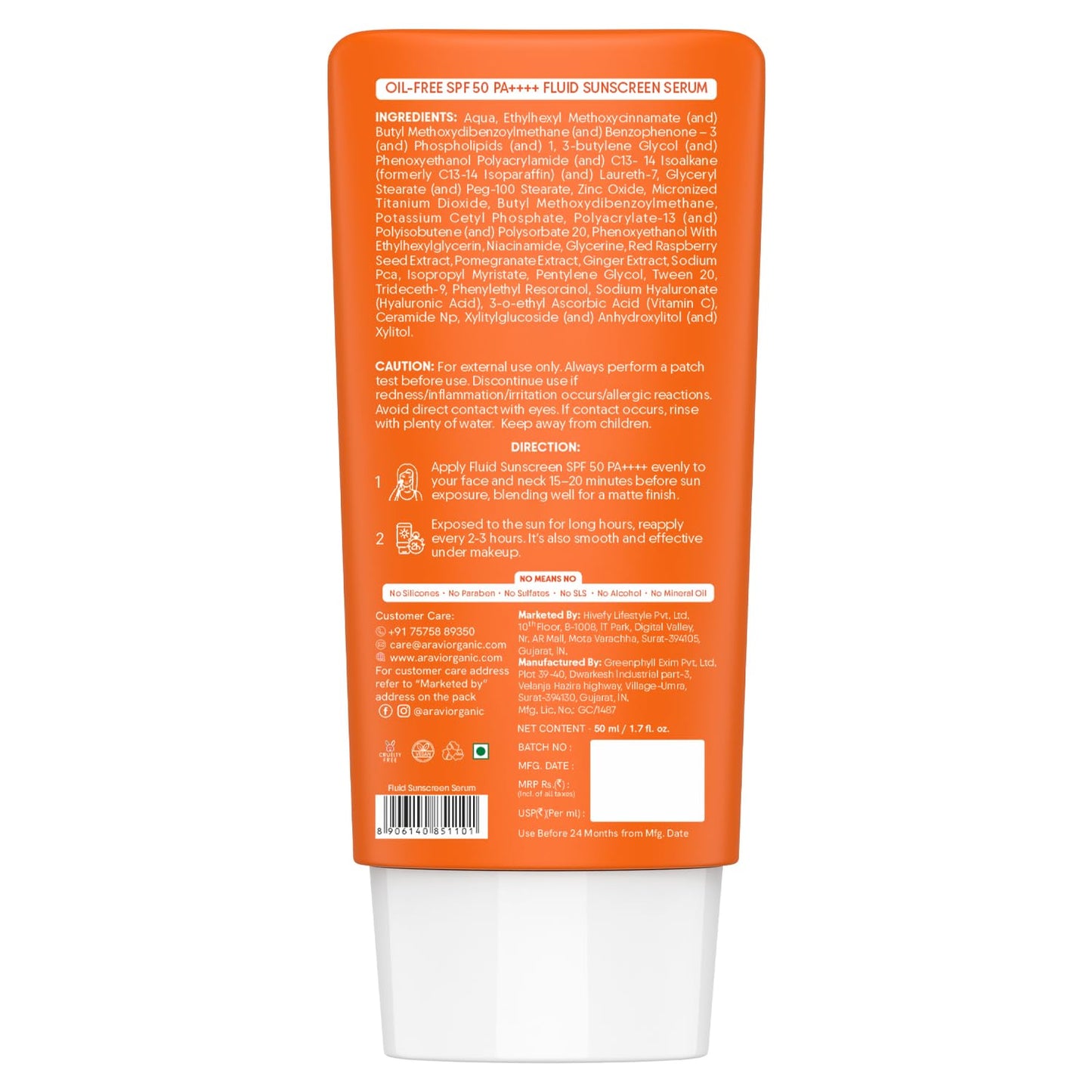 Aravi Organic Oil-Free Fluid Sunscreen Serum SPF 50 PA ++++ with Hyaluronic Acid, Vitamin C, Niacinamide & Ceramides | Lightweight, Non-Greasy, Chemical-Free | Protects from Sunburn & Tanning | 50ml