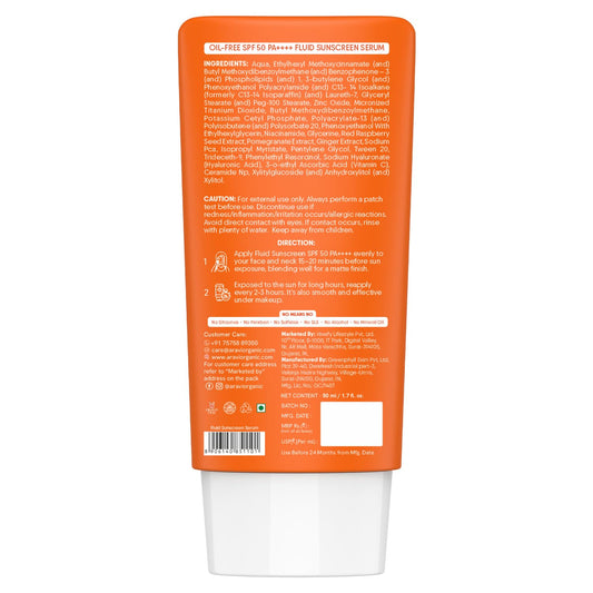 Aravi Organic Oil-Free Fluid Sunscreen Serum SPF 50 PA ++++ with Hyaluronic Acid, Vitamin C, Niacinamide & Ceramides | Lightweight, Non-Greasy, Chemical-Free | Protects from Sunburn & Tanning | 50ml