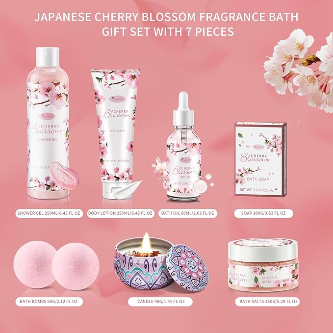Bath and Body Gift Set for Women - Luxurious Home Spa Gift Set, Japanese Cherry Blossom Scented 7-Piece Set Including Shower Gel, Body Lotion, Bath Oil, Bath Salt, Soap, Bath Bombs, and Candle