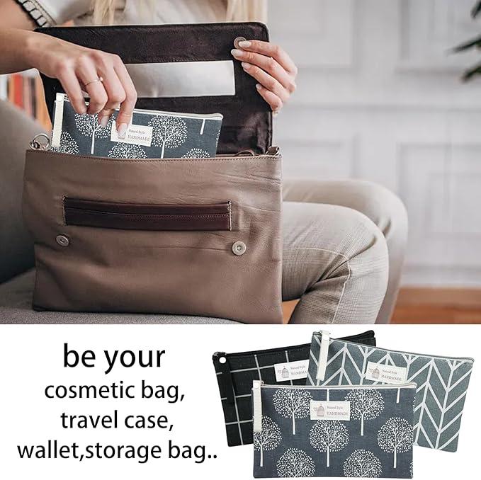 3 Pcs Canvas Makeup Bags Set Cosmetic Small Bag Printed Cute Vacation Travel Toiletry Purse Zipper Pouch Multi-Function Bag Women Girls Favor