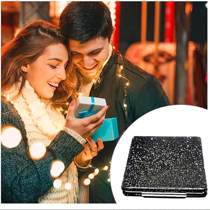 Black Compact Makeup Mirror for Men and Women, 1x/2x Magnifying Foldable Cosmetic Mirror, Portable Double-Sided Travel Mirror for Beauty, Elegant Vanity Mirror for Pocket Purse Clutch