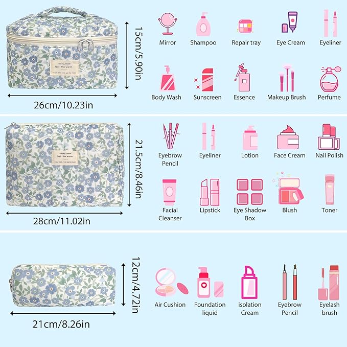 3 Piece Blue Cute Floral Cotton Quilted Makeup Bag Set, Large Capacity Travel Makeup Bags for Women and Girls, Includes Small, Medium, and Extra Large aesthetic makeup&Cosmetic Bags (3pcs-DitsyFloral)