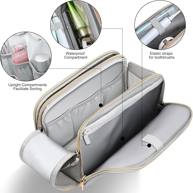 BOOMRICH Large Travel Makeup Bag, Cosmetic Bag, Toiletry Bag for Women, Water-Resistant Leather Toiletry Organizer, Dopp Kit for Toiletries Accessories, Blue Grey