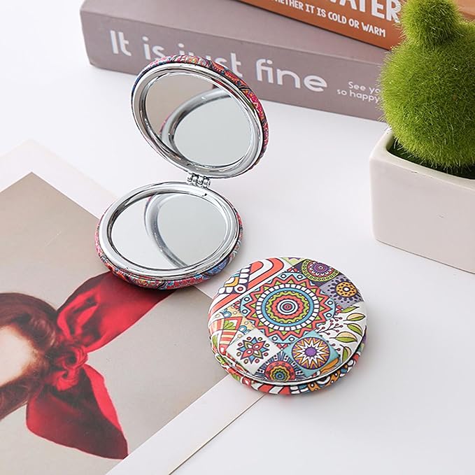 6 PCS Mixed-Color Bohemian Folding Makeup Mirror Portable Round Bread Mirror Thick Double Sided Pu Pocket Mirror