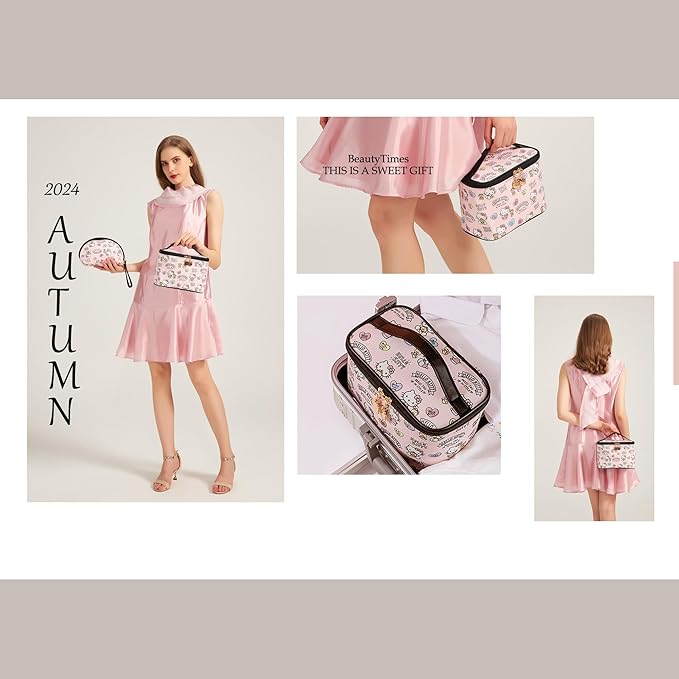 AmBealla Cosmetic Bag Large Makeup Bags Pink Travel Case with Makeup Brush Holder，2PCS Cosmetic Organizer for Women, Toiletry Storage Bag for Skincare & Beauty Tools Sweet Cute for Girls