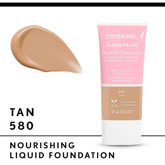 COVERGIRL Clean Fresh Nourishing Skin Tint, 580 Tan, Liquid Foundation, Dewy Finish, Infused with Coconut & Aloe, Vegan Formula