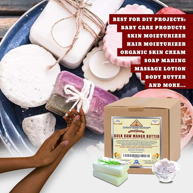ANCIENT HEALTH REMEDIES Organic Unrefined Raw MANGO BUTTER JAR/BLOCKS Bulk, Light Mango Aroma, Non-Greasy Base for Beauty, Skin Moisturizing, DIY Base for Body Butter & Hand Creams (10 LB)