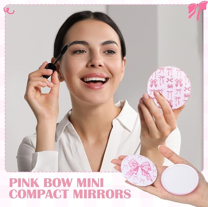20 Pcs Pink Bow Coquette Compact Mirrors Bulk 2.76 Inch Round Portable Pocket Makeup Mirror Party Favors Gifts for Women Mother Bridal Shower Bachelorette Quinceanera Party Decor
