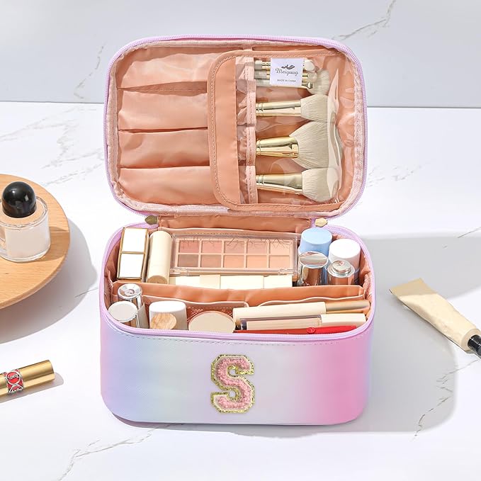 Meiyuuo Large Makeup Bag Cute Travel Pro Cosmetic Bags Personalized Chenille Letter Bag Travel Toiletry Organizer for Women Teen Girls Gifts for Her Preppy Rainbow Pink S