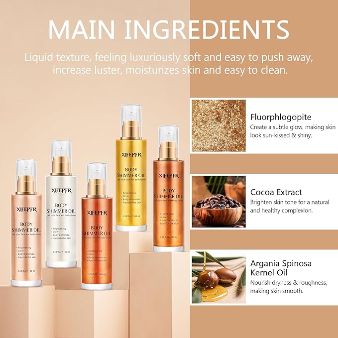 Body Shimmer Oil, Gold Face Brighten Body Luminizer Highlighter Liquid Illuminator with Makeup Brush, Long Lasting Moisturizing Non-Sticky Glitter Oil for Makeup (3.38 Fl Oz/#02)