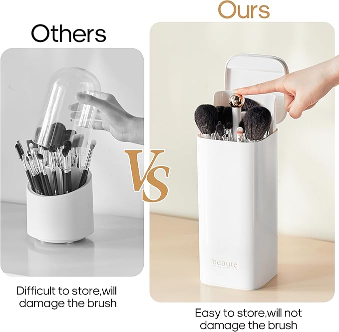 Makeup Brush Holder with Lid,One Touch Open 4 Slot Makeup Brush Case with Waterproof Dustproof,Brushes Storage Holder for Vanity, Dresser, Desk (White)
