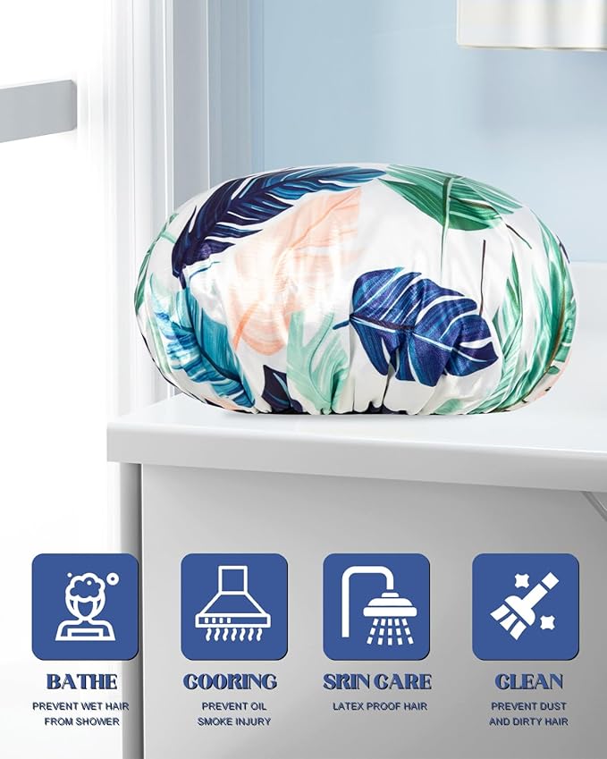 Auban Shower Cap, Terry Lined Shower Caps, 3 Layer Large Shower Cap, Terry Cloth Reusable Shower Caps for Long Thick Hair, Waterproof Hair Cap