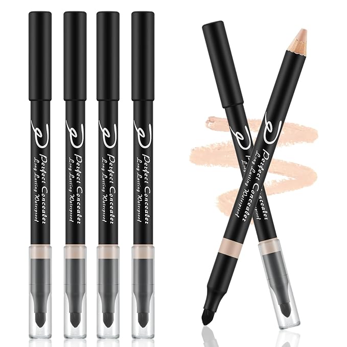 4pcs Concealer Pencil with Sponge,Full Coverage,Waterproof Under Eye Concealer Stick for Dark Circles,Blemishes,Aging Spots,Acne,Freckles
