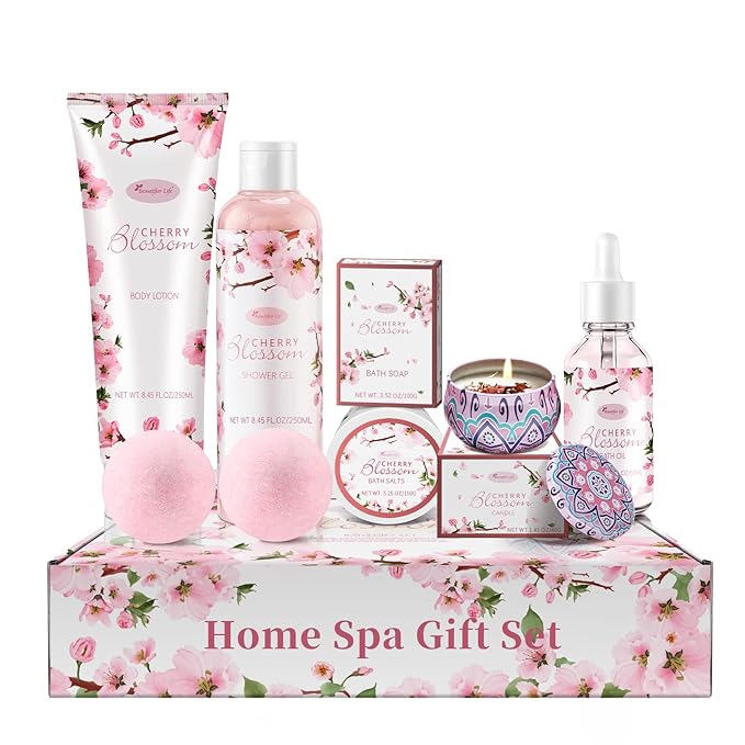 Bath and Body Gift Set for Women - Luxurious Home Spa Gift Set, Japanese Cherry Blossom Scented 7-Piece Set Including Shower Gel, Body Lotion, Bath Oil, Bath Salt, Soap, Bath Bombs, and Candle