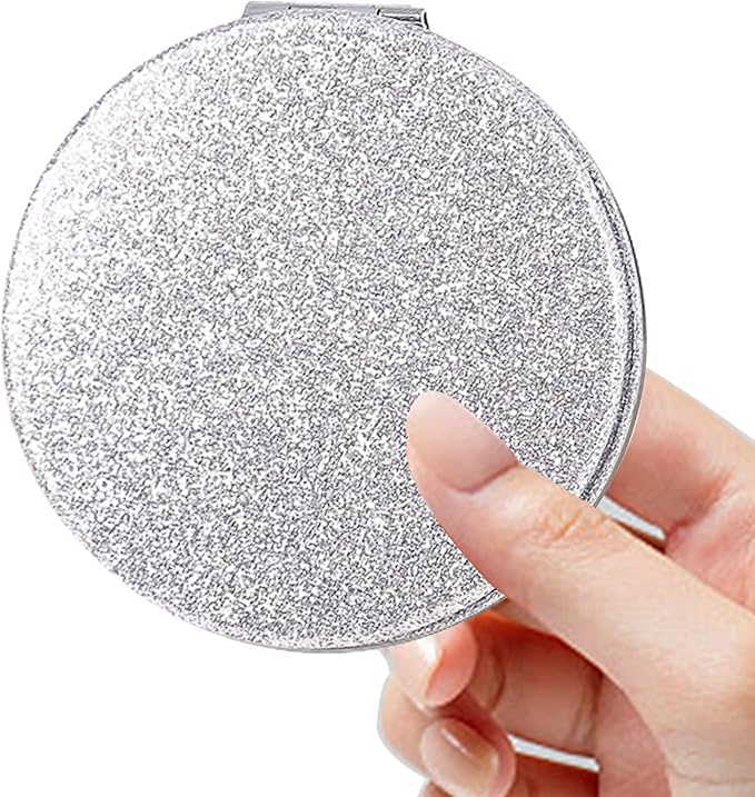 Acedada Compact Mirror, Pocket Mirror, Small Mirror for Purse with Glitter, Portable Travel Makeup Mirror, Folding Handheld 2-Sided 1x/2x Magnifying Compact Mirror for Women Girls - Silver