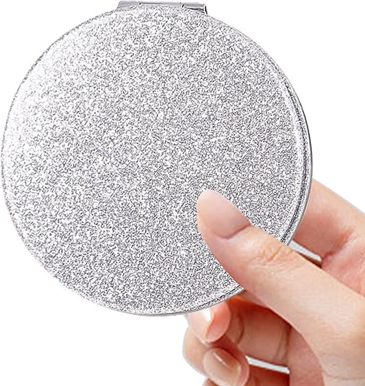 Acedada Compact Mirror, Pocket Mirror, Small Mirror for Purse with Glitter, Portable Travel Makeup Mirror, Folding Handheld 2-Sided 1x/2x Magnifying Compact Mirror for Women Girls - Silver