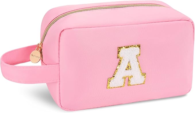Aveniee Initial Makeup Bag for Women,Monogram Travel Make Up Bag Organizer With Handle,Personalized Cosmetic Toiletry Bag,Christmas Birthday Gifts for Women Teen Girls Daughter Teacher-Pink A