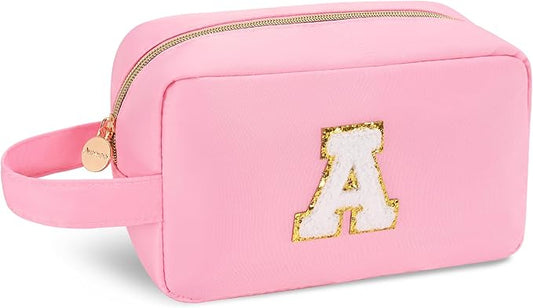 Aveniee Initial Makeup Bag for Women,Monogram Travel Make Up Bag Organizer With Handle,Personalized Cosmetic Toiletry Bag,Christmas Birthday Gifts for Women Teen Girls Daughter Teacher-Pink A