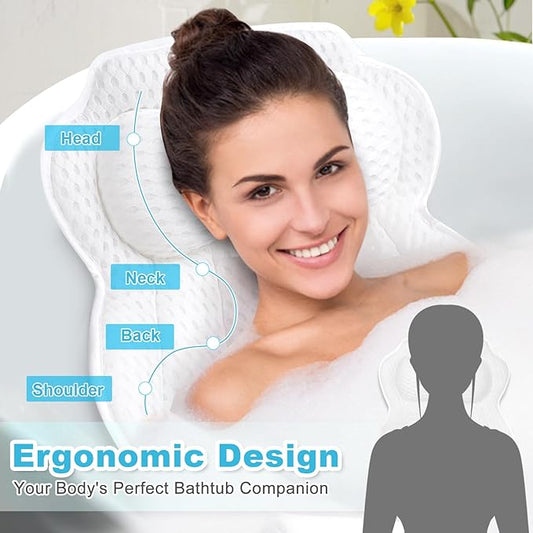Bath Pillows for Tub, Bath Tub Pillow for Support Neck/Back/Shoulder, 6 Non-Slip Suction Cups & Hook & Soft 4D Air Mesh Fabric - Fits All Bathtubs Shapes