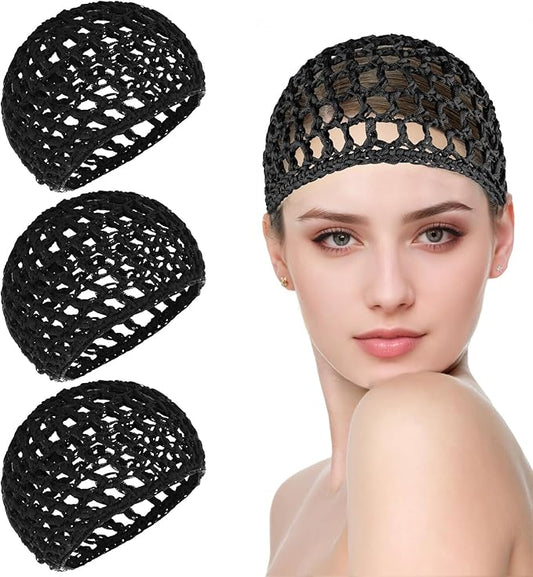 Hair Wrap Nets for Women Sleep - 3 Pack Hairnets Sleep Hair Wrap Cap for Women Sleeping Black Mesh Crochet Hair Net for Sew in Weave (Black)