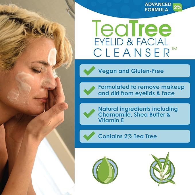 Advanced Tea Tree Eyelid and Facial Cleanser - 180mL - Non-Irritating Eyelash & Eyelid Cleanser Soothes Irritation with Tea Tree, Vitamin E and Shea Butter
