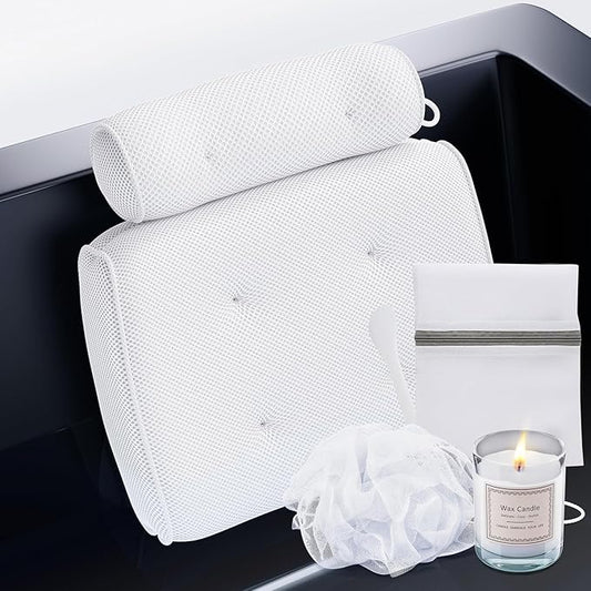 SunSerenity Luxury Bath Pillow for Tub - Relaxing Bath Tub Accessory – Bath Tub Pillow for Head and Back, Unscented Candle, Sponge Loofah, Laundry Bag, & Suction Tool (White on White)